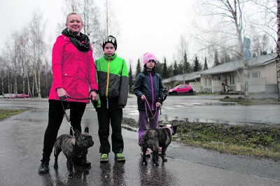 Viime vuoden lopulla Ylöjärvelle muuttanut Suvi Björk (vas.) kävelyttää koiriaan usein kotinsa lähellä Asemantiellä. Muitakaan vaihtoehtoja kun ei ole. – Tämä kaupunki tarvitsisi koirapuiston, nainen näkee. Samoilla linjoilla ovat Björkin miehen lapset Sisu (kesk.) ja Seela Nissilä.