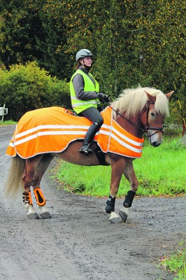 Tässä ratsastavan Katja Kulmakorven mukaan hevonen kannattaa pukea heijastaviin varusteisiin.