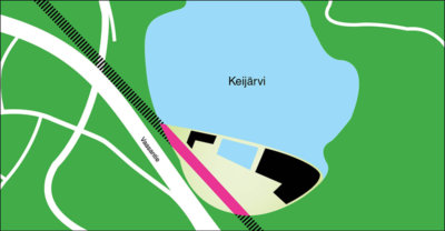 Keikylän on määrä rakentua eteläisen Keijärven päälle. Nykyisin maanpäällisellä kannaksella kulkevat junanraiteet ohjataan uuden kaupunginosan edestä tunneliin (kuvassa punaisella). Maan päälle rakennetaan ainakin S-ryhmän kylpylähotelli.