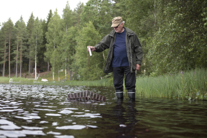 Jukka Paananen laskee rapumerran Karhejärveen. Merran voi laskea vaikka rantaveteen, mutta paras syvyys sillle on kuitenkin kahdesta viiteen metriä.
