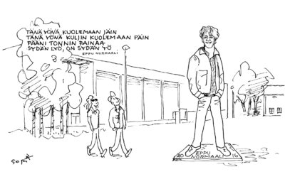 Ylöjärveläiset ovat innostuneet 40-vuotiaan Eppu Normaalin patsasideasta. Ylöjärven Uutisten piirtäjä Seppo Rusi käsitteli aihetta tämän viikon lehteen piirtämässään kuvassa.