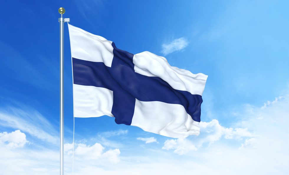 Finland flag waving on a high quality blue cloudy sky, 3d illust